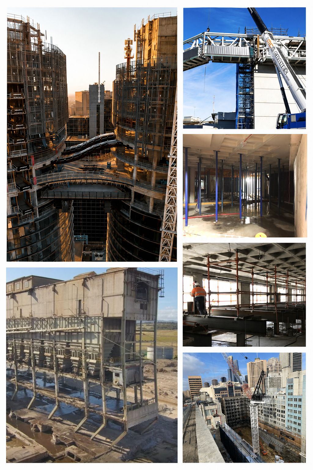 Engineering project collage showing catch-deck works, hospital installation, temporary propping, demolition, scaffold needles and crane works